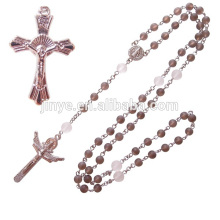 Fashion Natural Healing Smoky Crystal Rosary Beads Cross Necklace